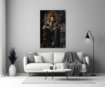Black Gold Robe King on Throne Glass Wall Art