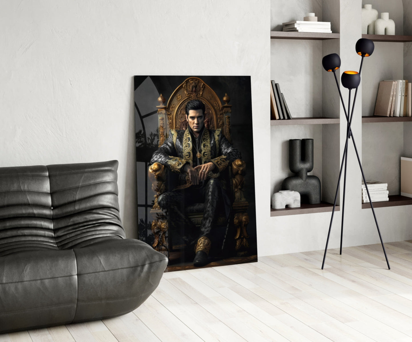 Black Gold Robe King on Throne Glass Wall Art