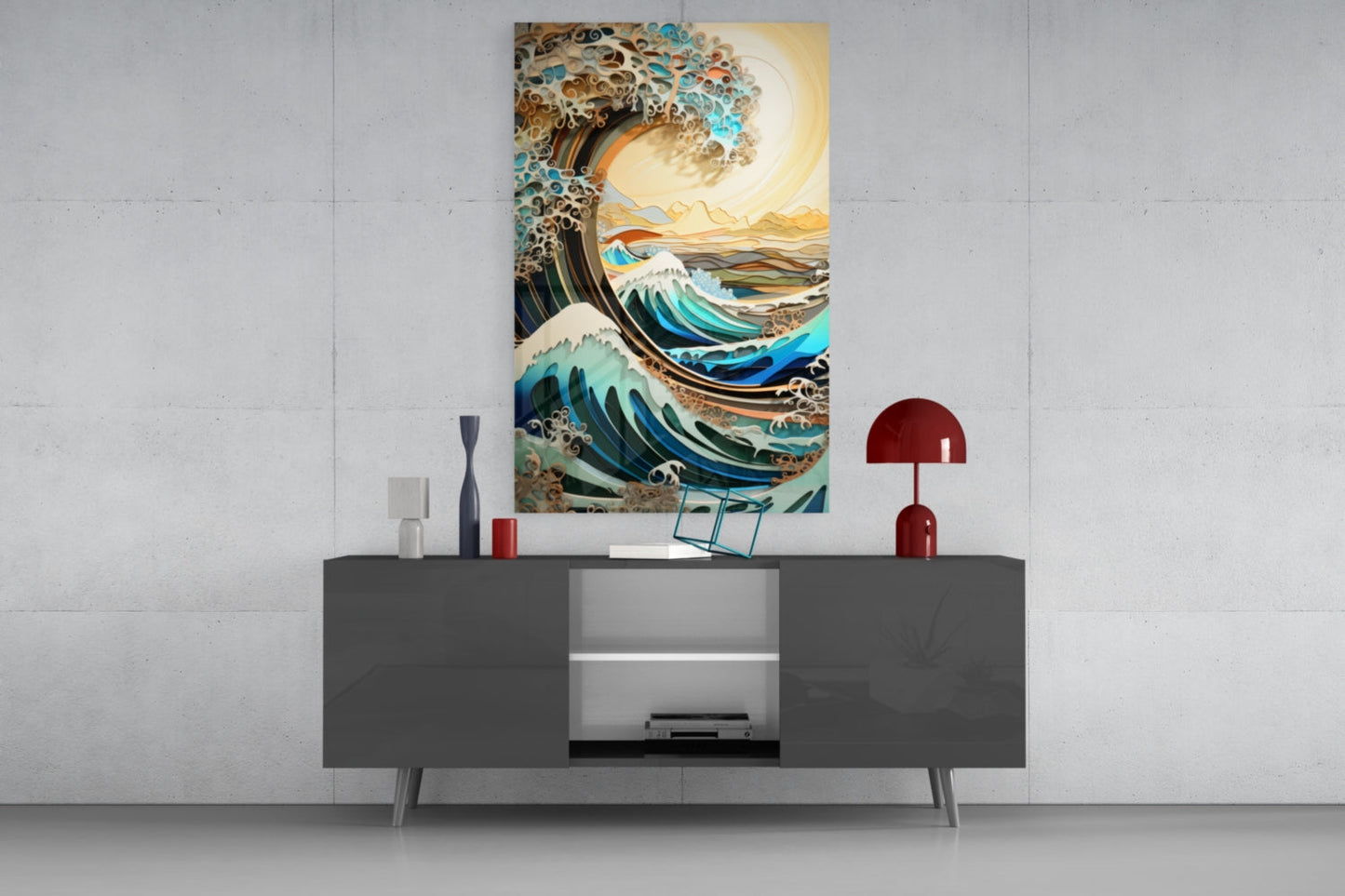 Golden Sky Curling Great Wave Glass Wall Art