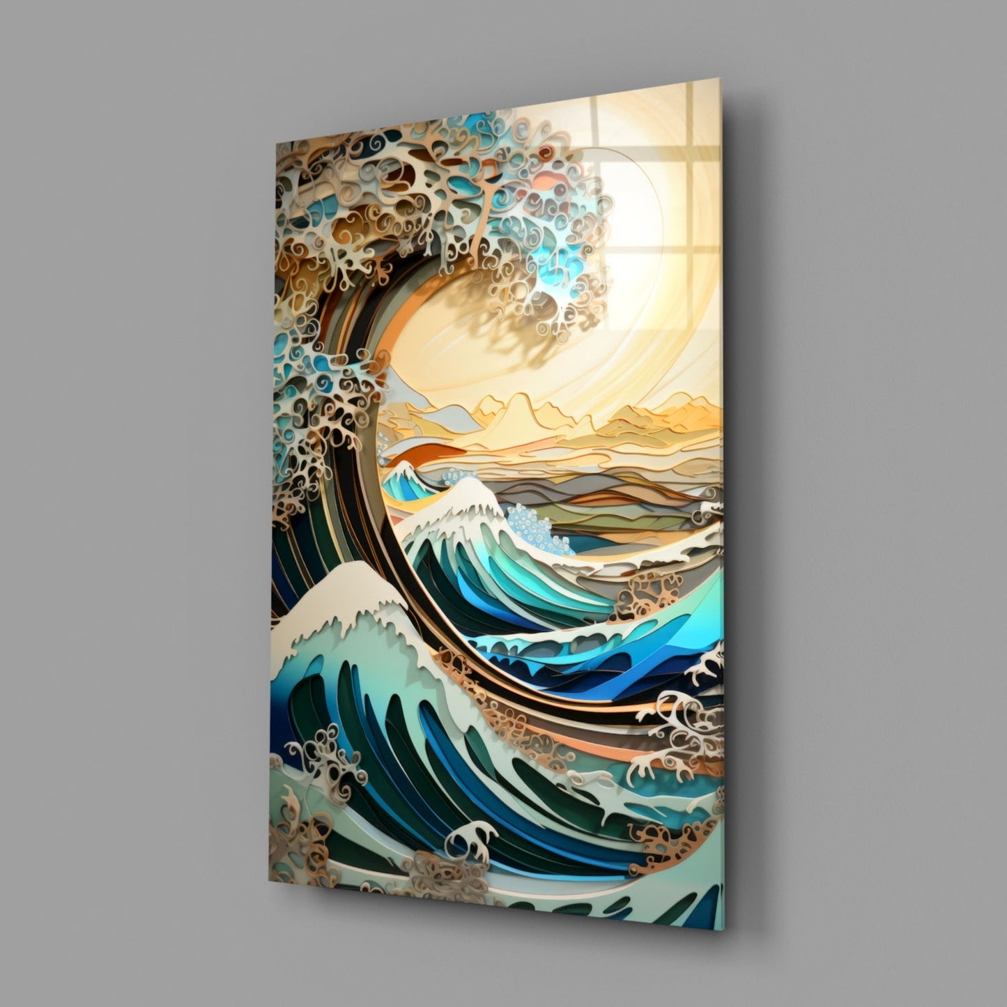 Golden Sky Curling Great Wave Glass Wall Art