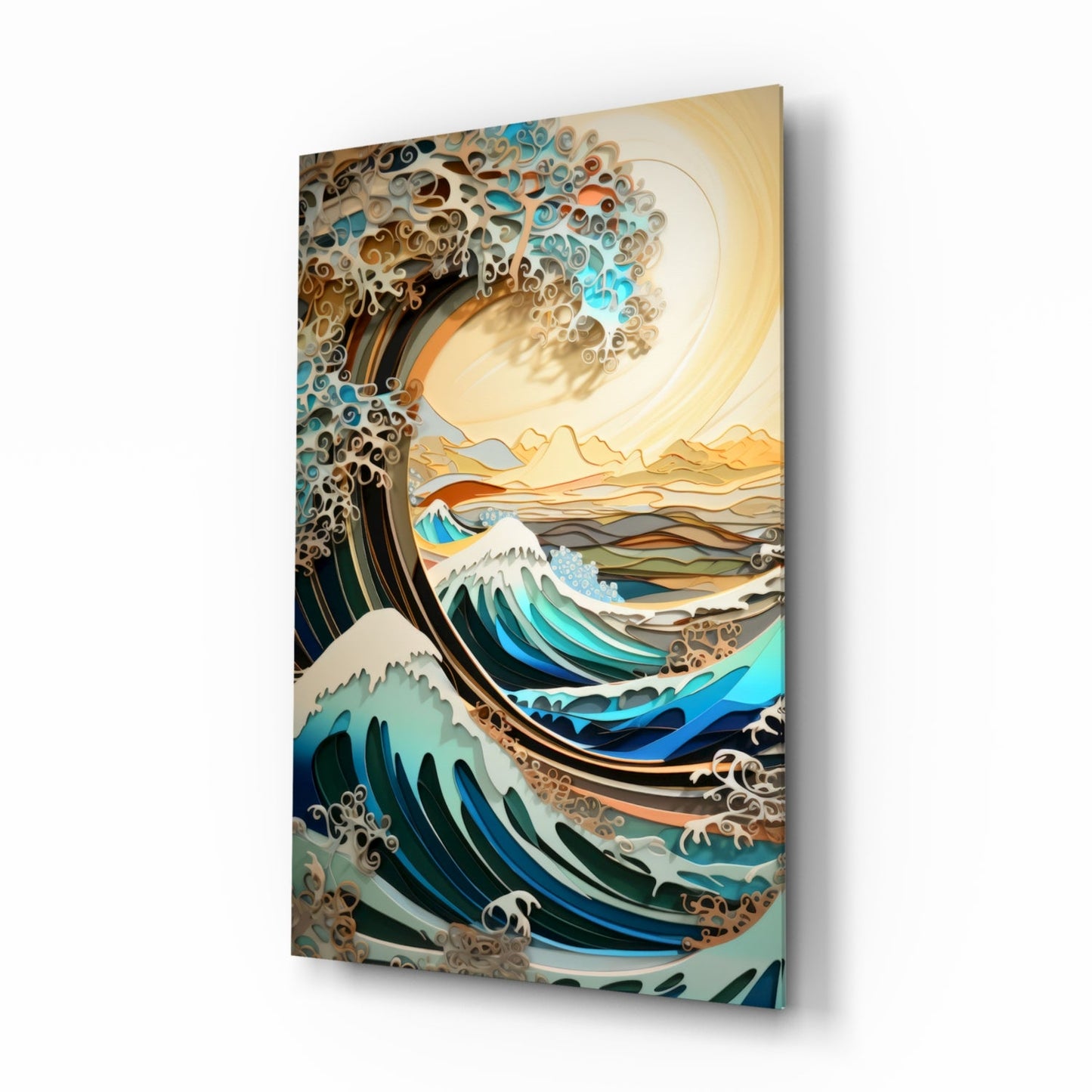 Golden Sky Curling Great Wave Glass Wall Art