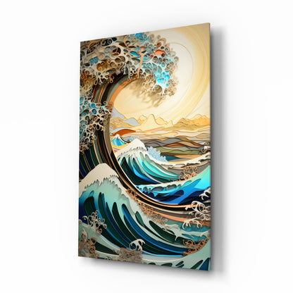 Golden Sky Curling Great Wave Glass Wall Art