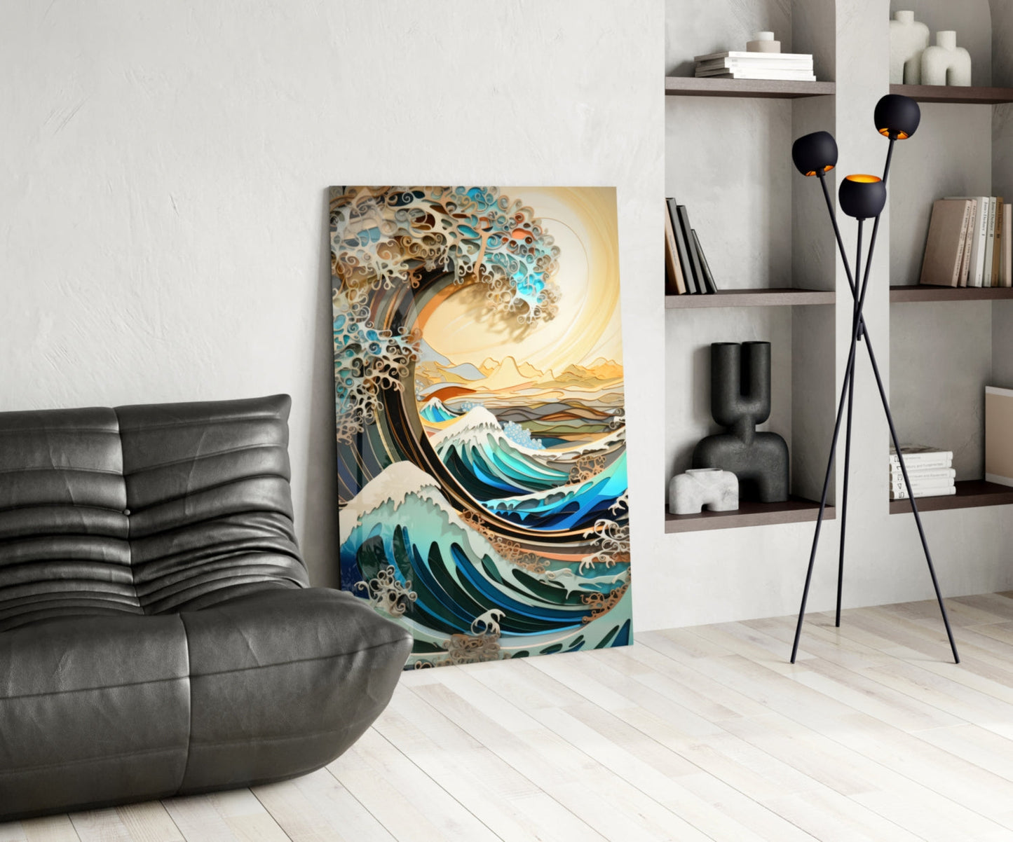 Golden Sky Curling Great Wave Glass Wall Art
