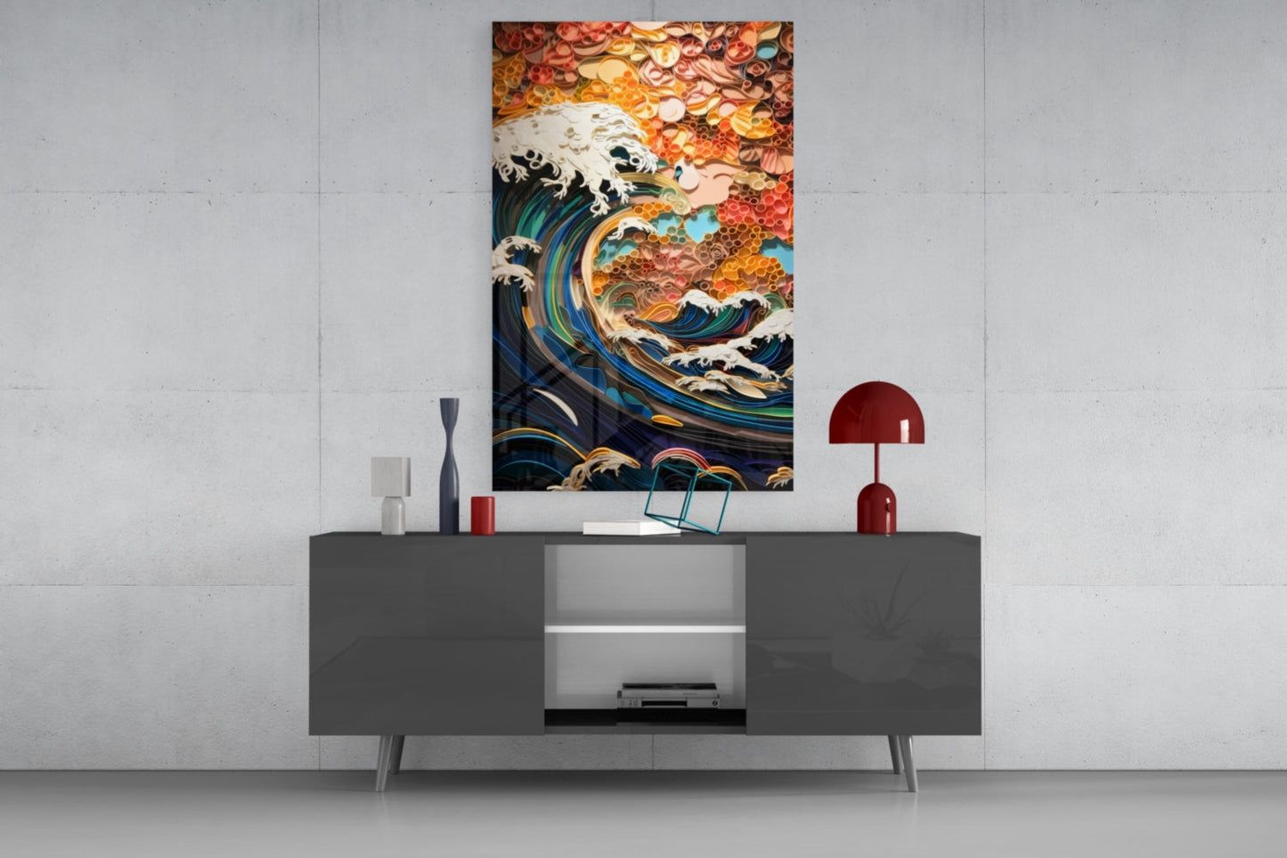 Coral Sunset Quilled Ocean Wave Glass Wall Art