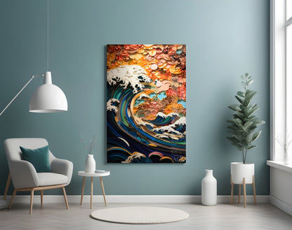 Coral Sunset Quilled Ocean Wave Glass Wall Art