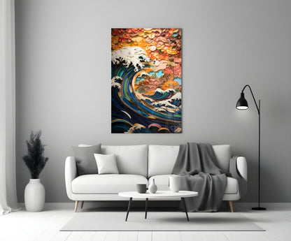Coral Sunset Quilled Ocean Wave Glass Wall Art