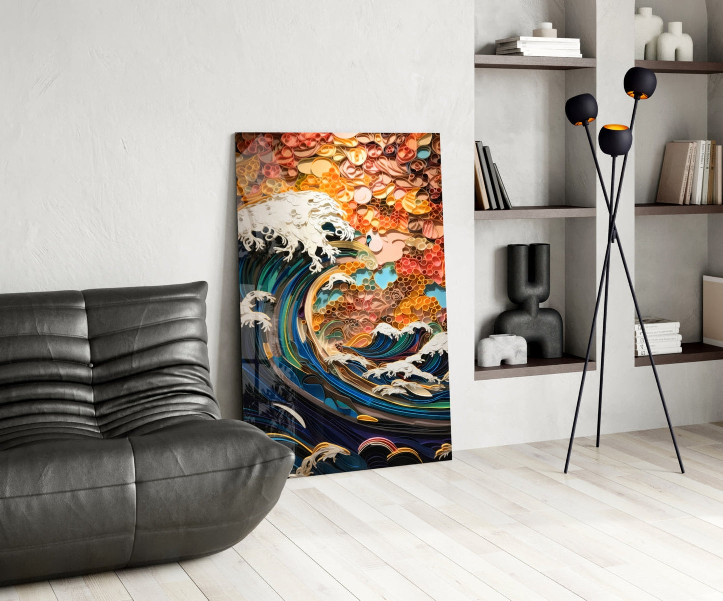 Coral Sunset Quilled Ocean Wave Glass Wall Art