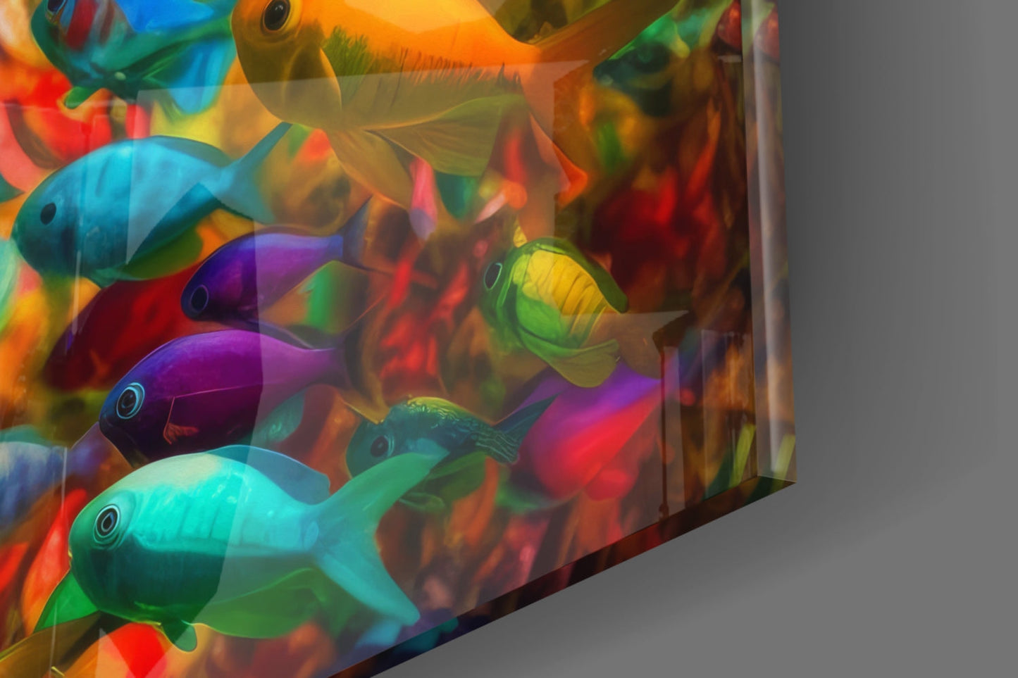 Colorful glass wall art panel displaying translucent fish in vibrant blues, purples, oranges, and greens layered against a gray background.