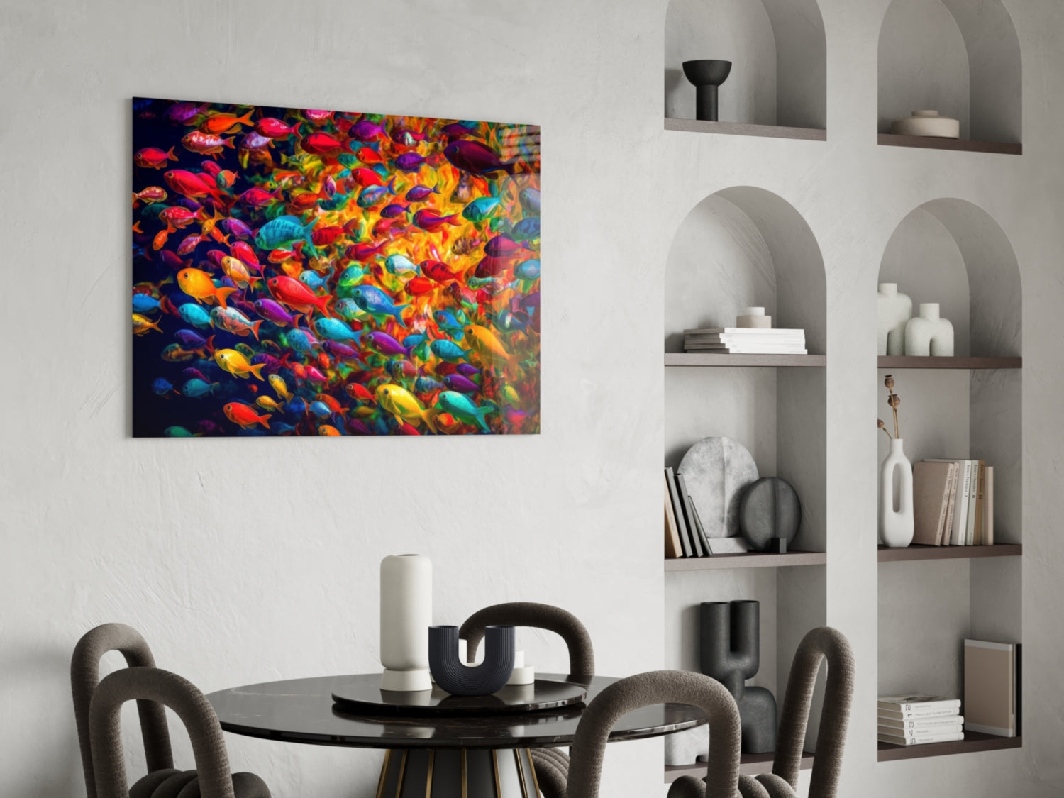 Colorful glass wall art featuring vibrant rainbow fish displayed above a dining table in a modern interior setting.