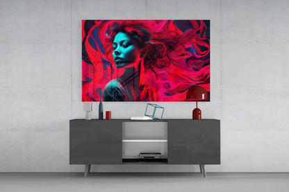 Modern living room with neon red and cyan abstract portrait artwork displayed above dark grey media console with decorative accessories.