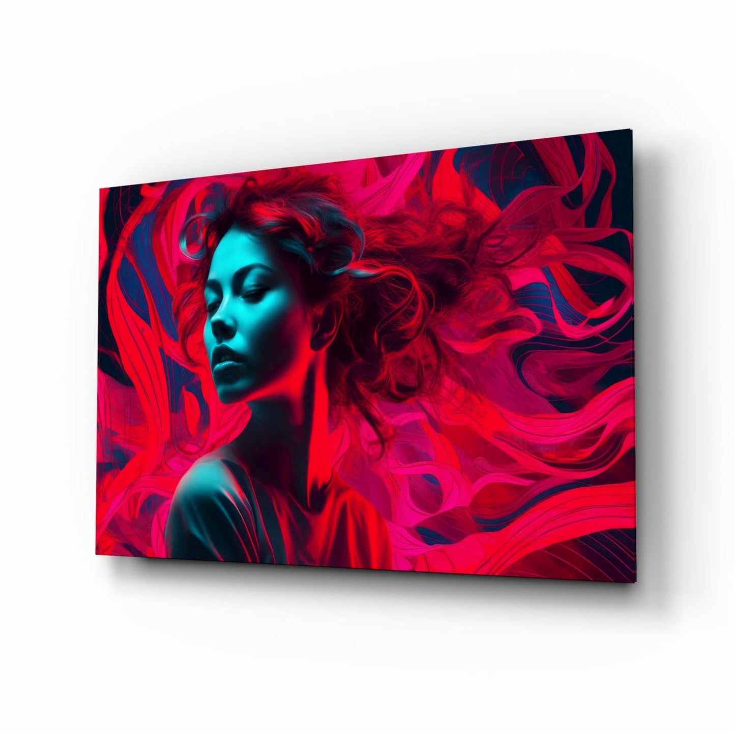 Angled view of glass wall art featuring a woman's profile with cyan skin tones surrounded by swirling red and dark blue abstract patterns.