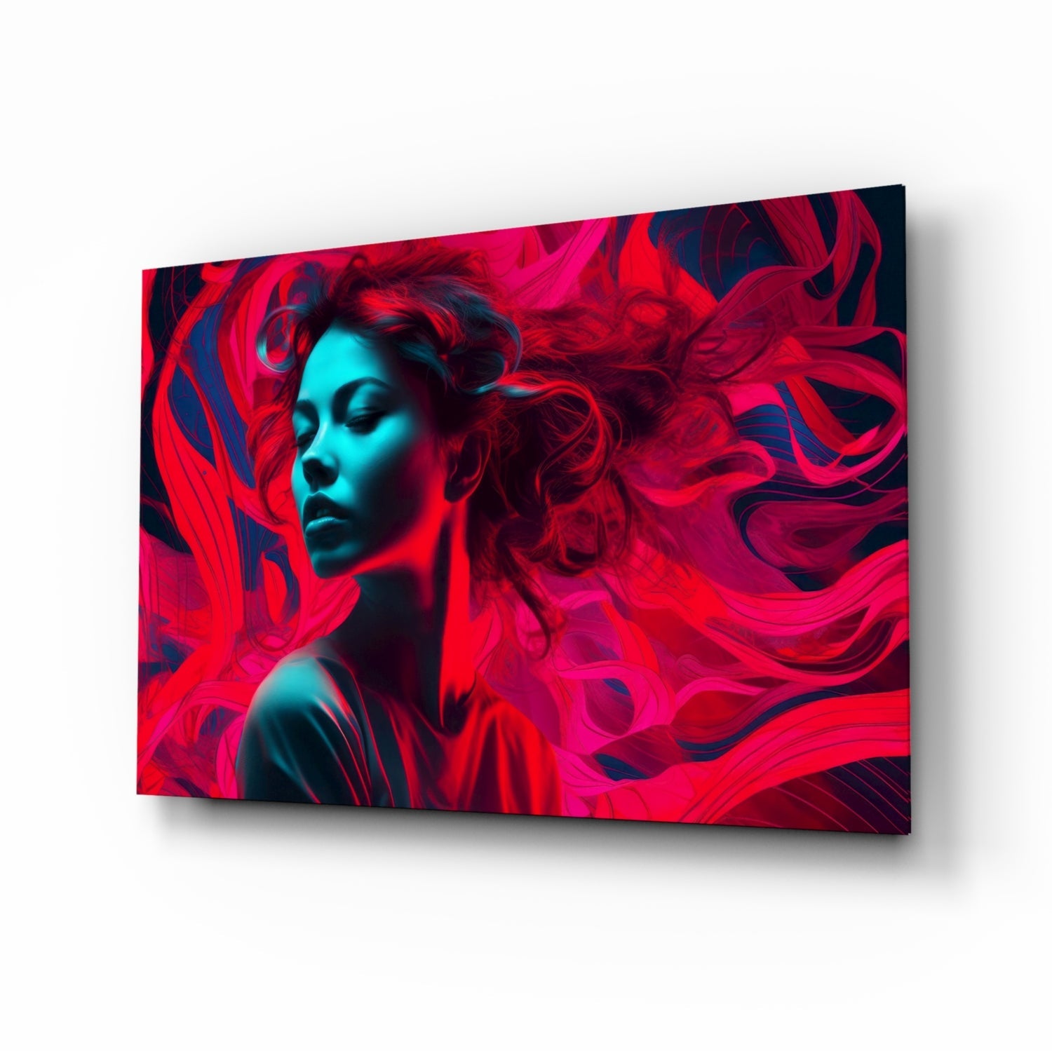 Angled view of glass wall art featuring a woman's profile with cyan skin tones surrounded by swirling red and dark blue abstract patterns.