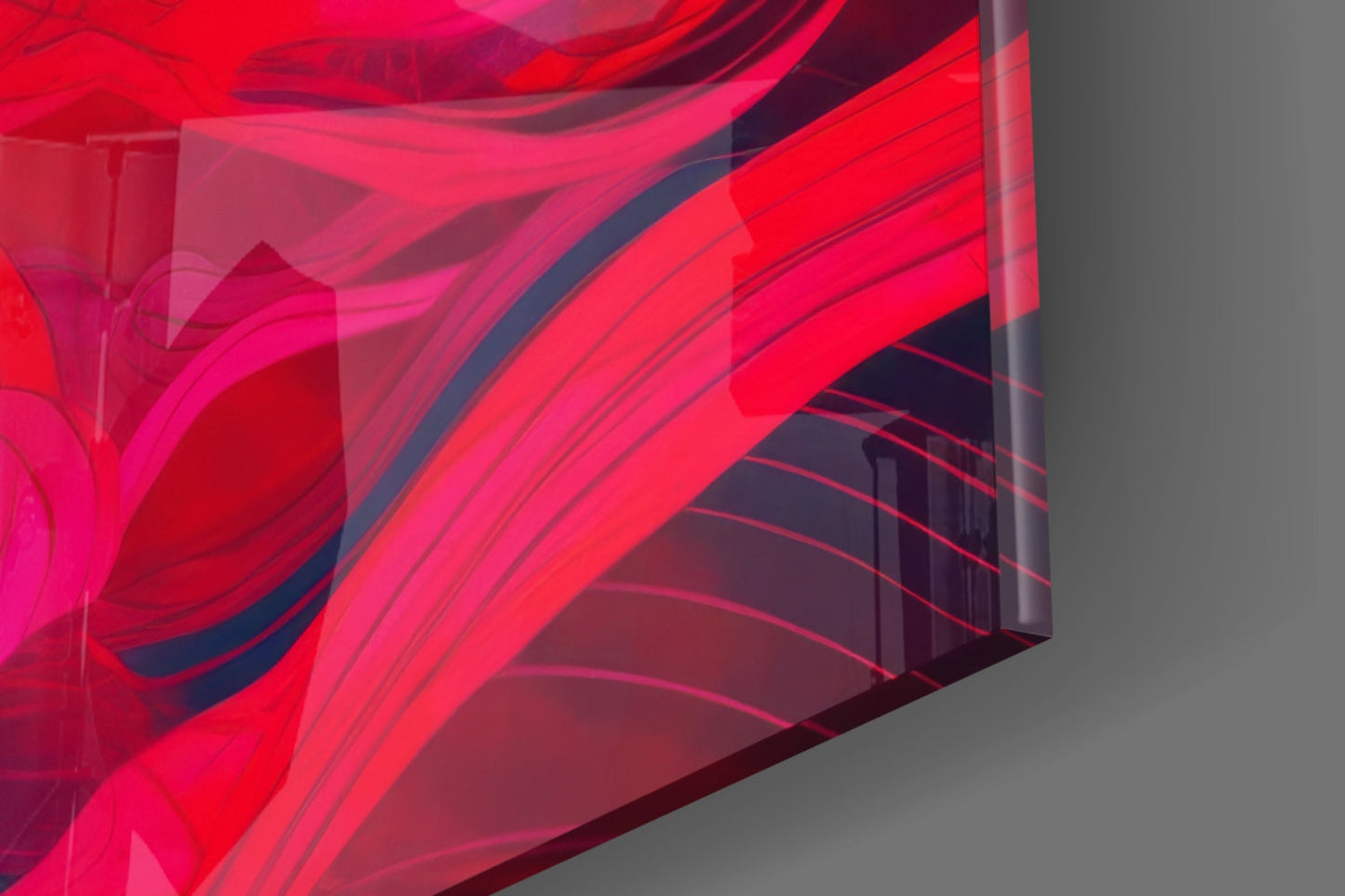 Close-up angled view of vibrant red and magenta layered glass panels with curved dark stripes, mounted on gray wall.