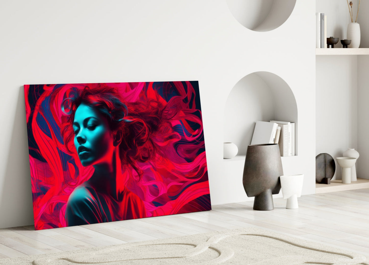 Red Feelings glass wall art leaning against white wall in minimalist interior with decorative objects and shelving.