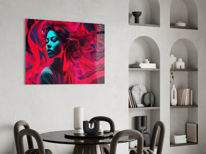 Vibrant red and cyan glass art featuring a stylized female portrait displayed above a round dining table in a modern interior.