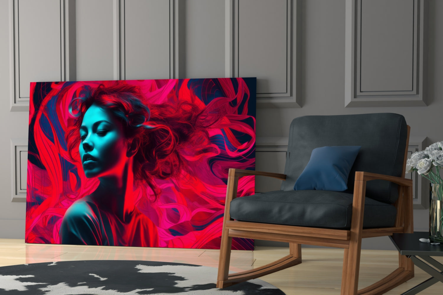 Red Feelings glass wall art displayed in modern living room with wooden chair, showing vibrant red and cyan portrait design.