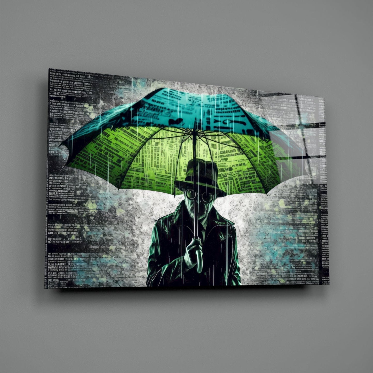 Glass wall art featuring a silhouetted figure holding a neon green and turquoise umbrella against a textured newspaper background.
