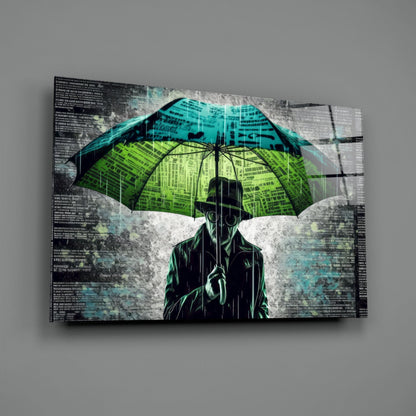 Glass wall art featuring a silhouetted figure holding a neon green and turquoise umbrella against a textured newspaper background.