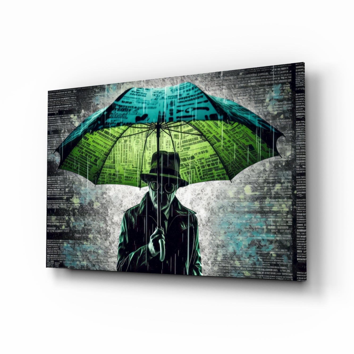Silhouetted figure holding a neon green and cyan umbrella against a textured gray background with digital code overlay, displayed as an angled glass wall art panel.