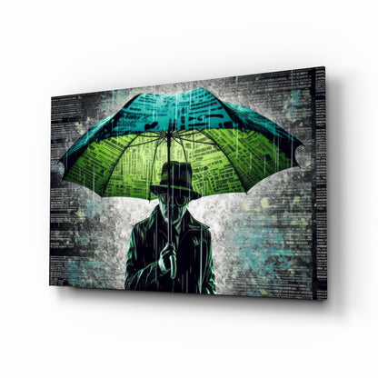 Silhouetted figure holding a neon green and cyan umbrella against a textured gray background with digital code overlay, displayed as an angled glass wall art panel.