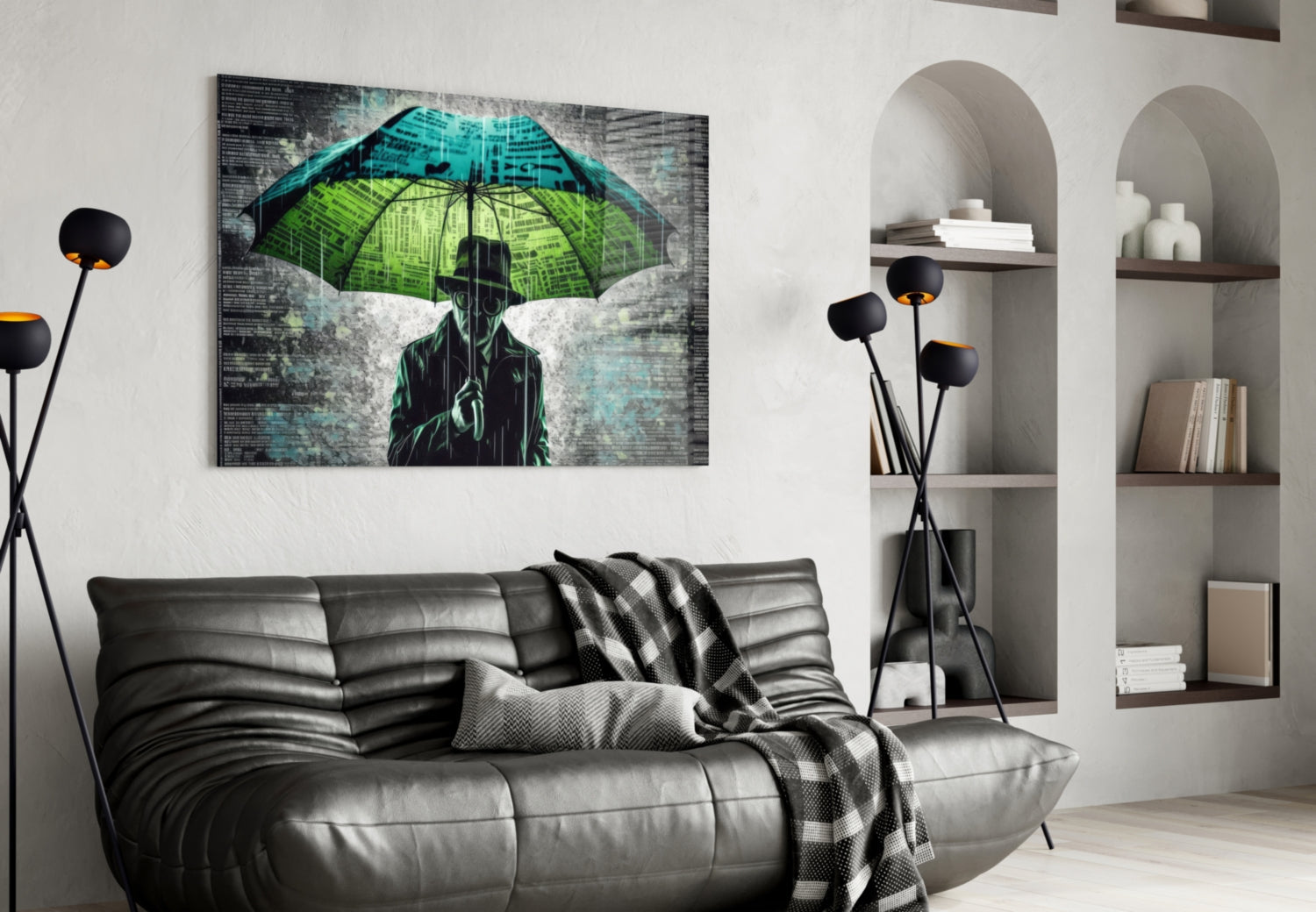 Glass wall art depicting a silhouetted figure holding a luminous green and blue umbrella displayed above a black leather sofa in a modern living room.