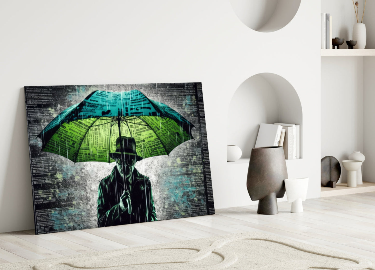 Glass wall art leaning against white wall displays silhouetted figure with neon green and turquoise umbrella against textured gray background.