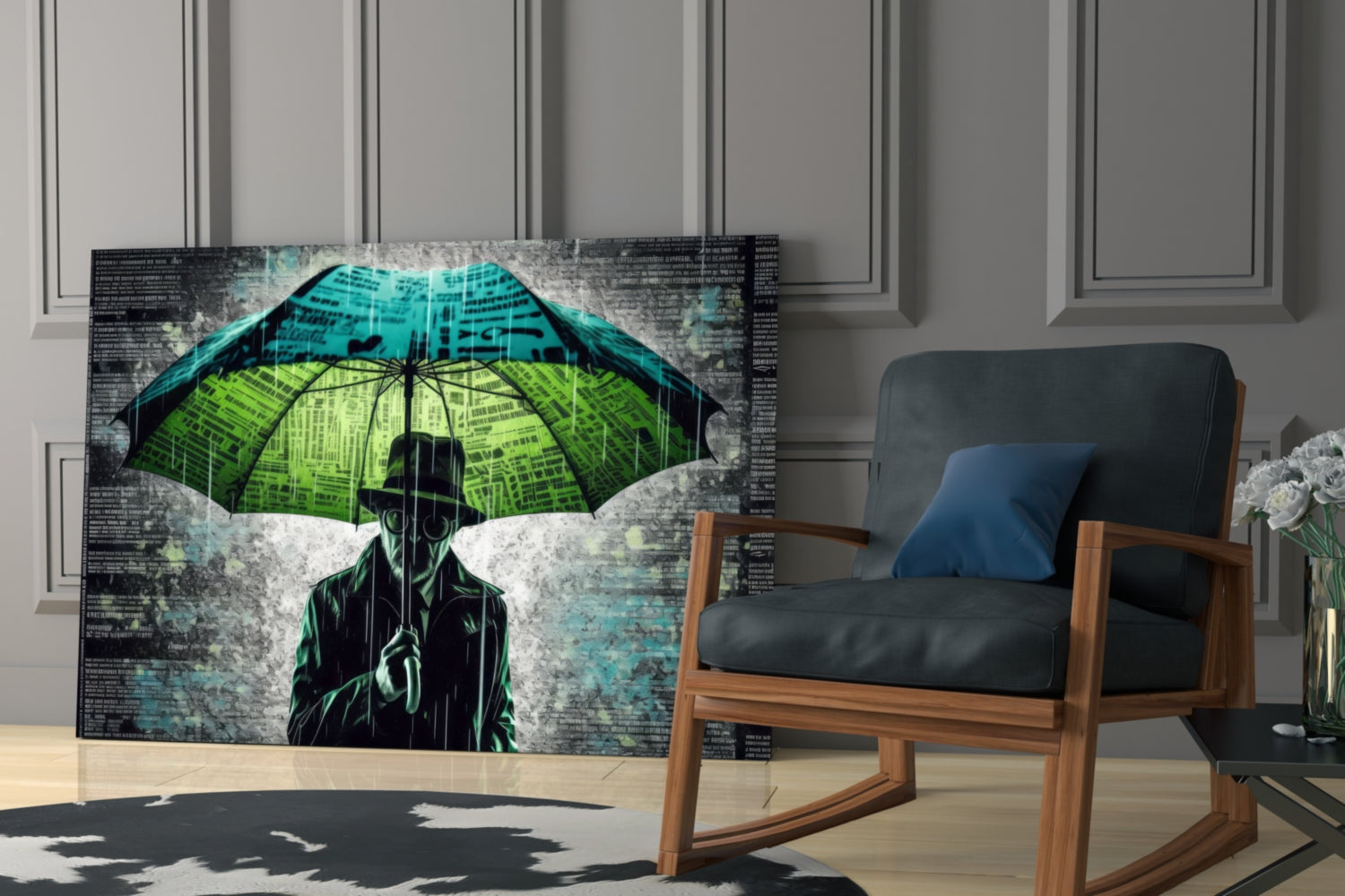 Glass wall art depicting silhouetted figure holding green umbrella against textured grey and turquoise background, displayed in modern living room interior.