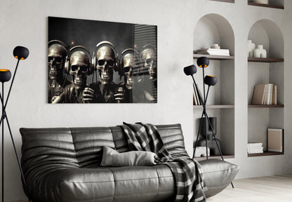 Black and white glass wall art featuring five skulls wearing headphones displayed above a gray leather sofa in a modern living room.