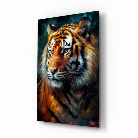 Tiger portrait on glass wall art with orange, black, and white stripes against a dark teal and emerald background, displayed at an angle.