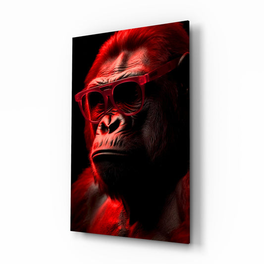 Red-lit primate wearing oversized red glasses against black background on angled glass panel display.