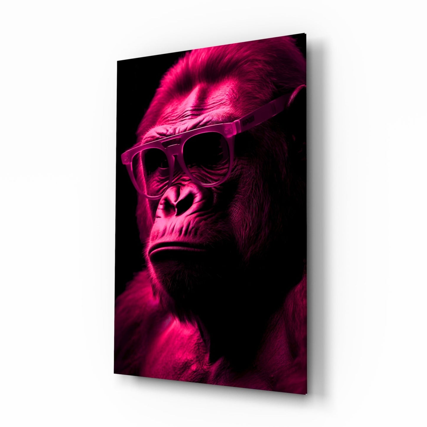 Neon pink-lit primate wearing oversized sunglasses against black background on angled glass panel.