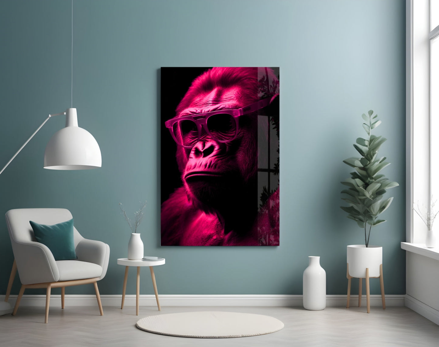 Neon pink glowing ape wearing sunglasses displayed on pale blue wall above white chair and potted plant.