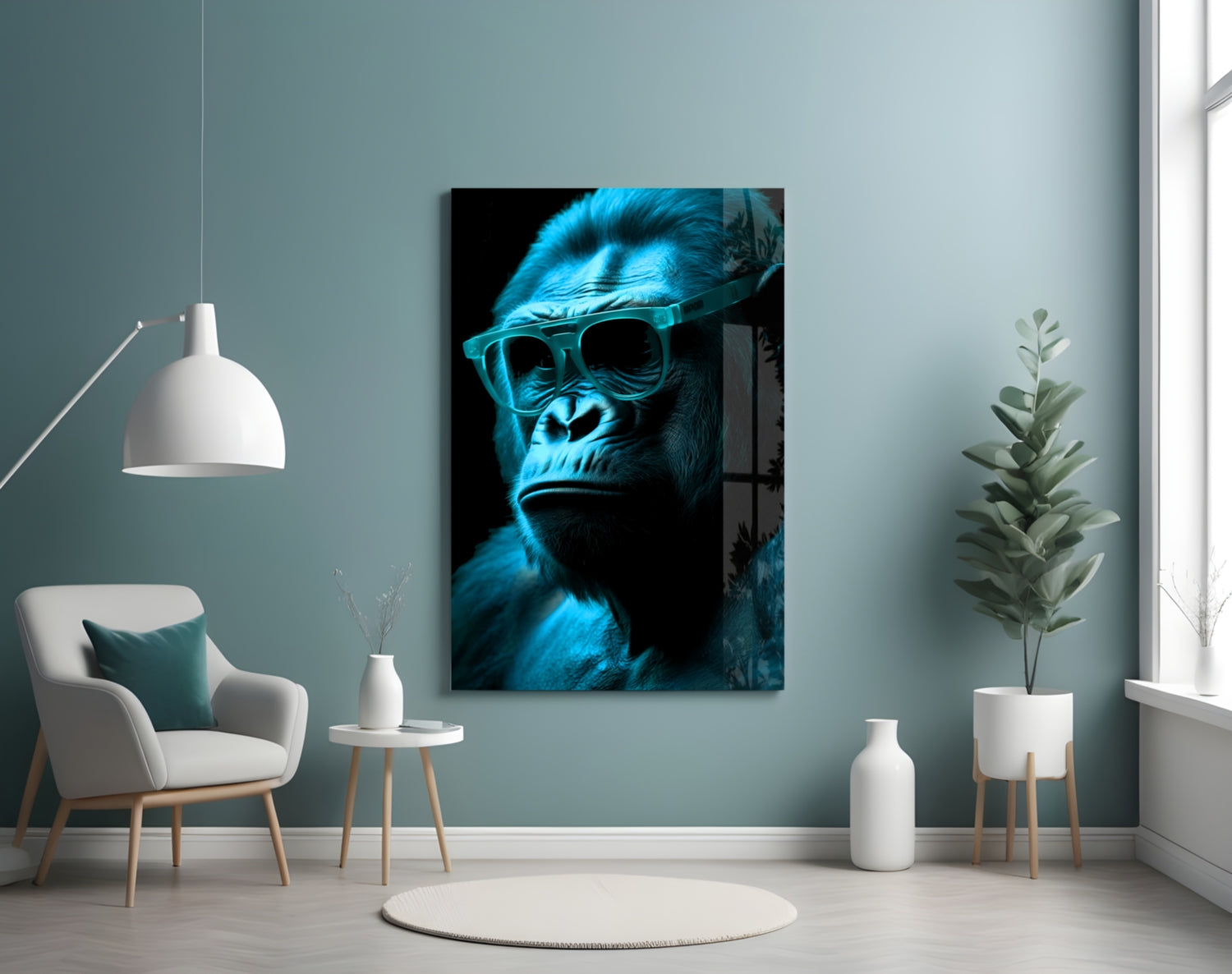 Blue neon-lit gorilla wearing sunglasses displayed on wall above white chair in minimalist interior setting.