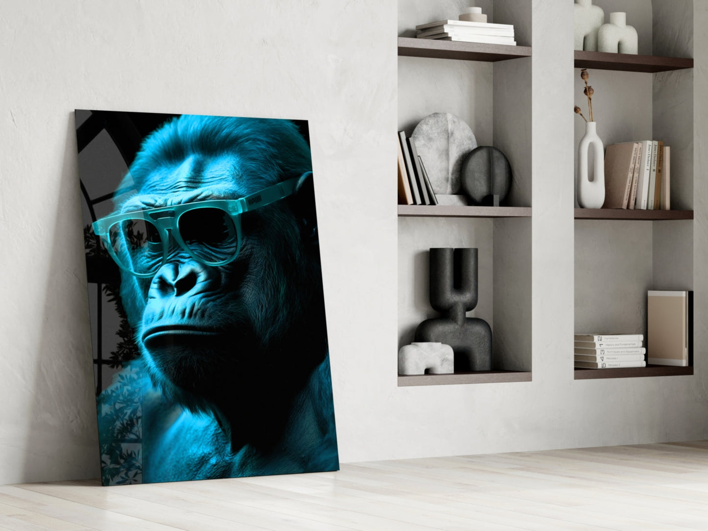 Blue neon-lit gorilla wearing sunglasses leaning against white wall beside wooden shelving unit.