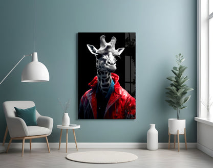 Red Leather Jacket Giraffe Glass Wall Art