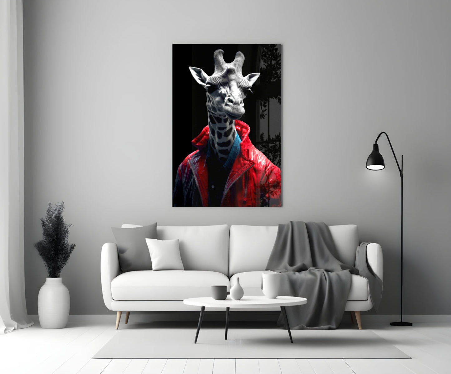 Red Leather Jacket Giraffe Glass Wall Art