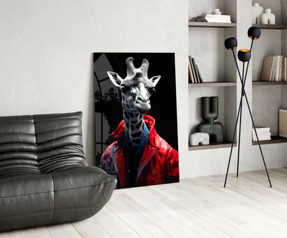 Red Leather Jacket Giraffe Glass Wall Art