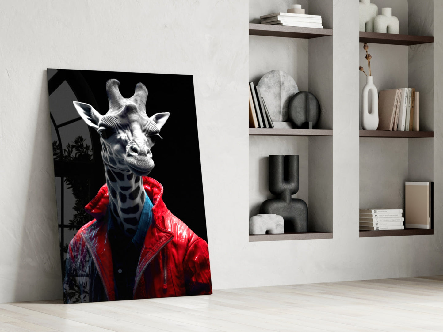 Red Leather Jacket Giraffe Glass Wall Art