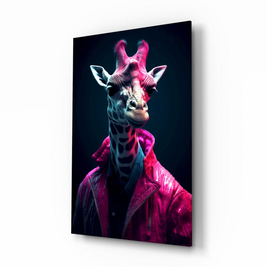 Angled view of glass wall art depicting a giraffe wearing a neon pink jacket against a dark background with cyan and magenta lighting effects.