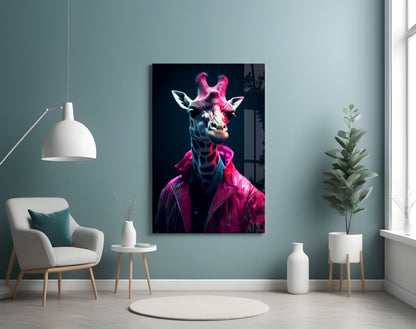 Neon Pink Jacket Giraffe Glass Wall Art