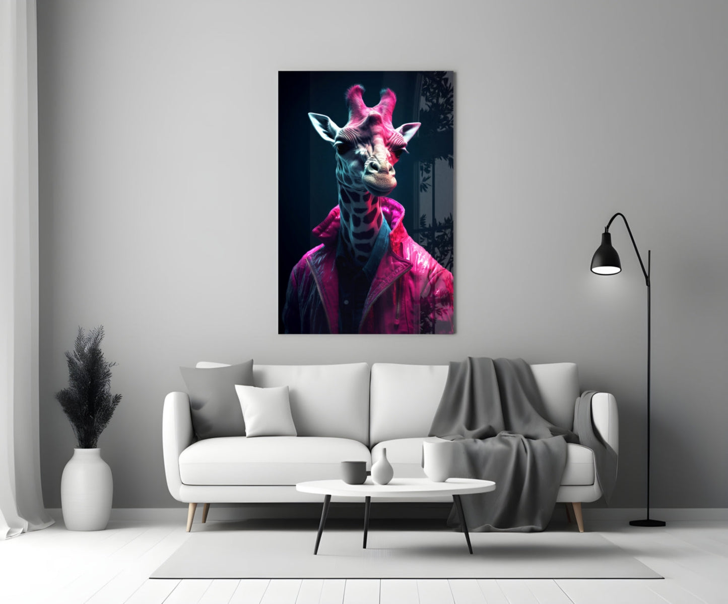 Neon Pink Jacket Giraffe Glass Wall Art