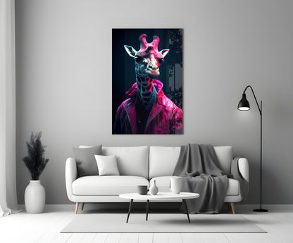 Neon Pink Jacket Giraffe Glass Wall Art
