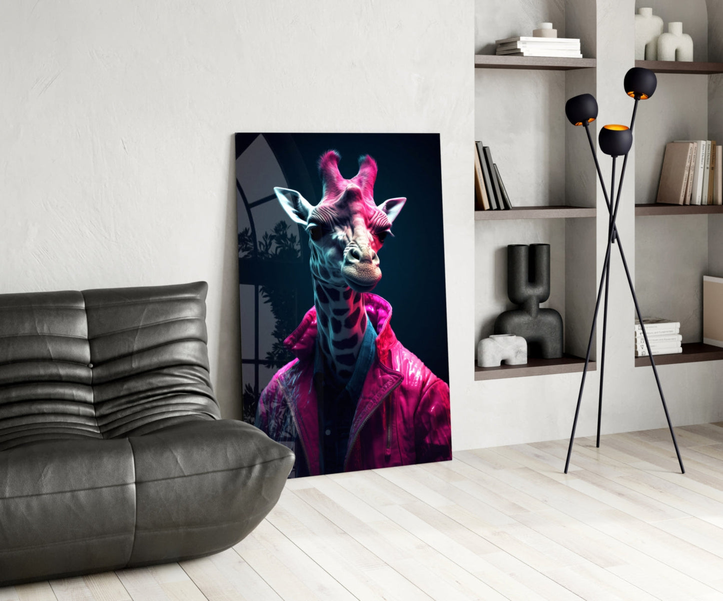 Neon Pink Jacket Giraffe Glass Wall Art