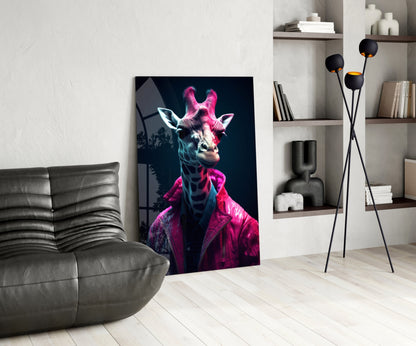 Neon Pink Jacket Giraffe Glass Wall Art