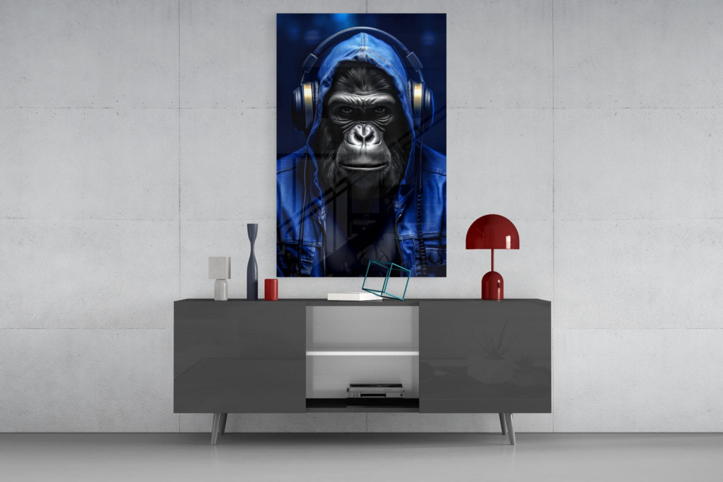 Blue Hoodie Headphones Gorilla Glass Wall Art