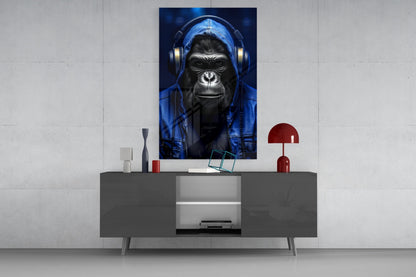 Blue Hoodie Headphones Gorilla Glass Wall Art