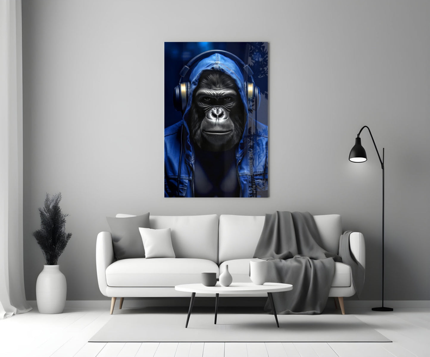Blue Hoodie Headphones Gorilla Glass Wall Art