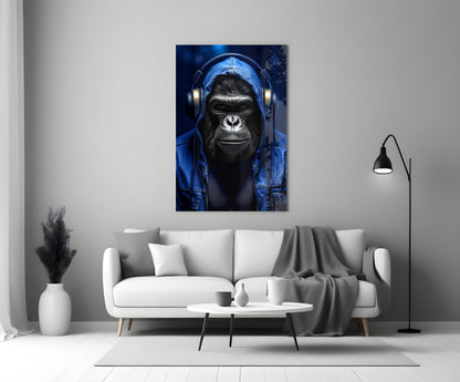 Blue Hoodie Headphones Gorilla Glass Wall Art