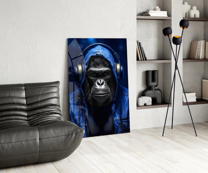 Blue Hoodie Headphones Gorilla Glass Wall Art