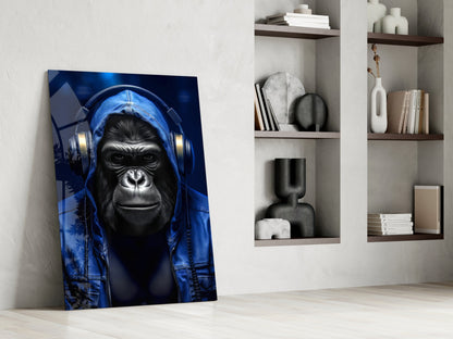 Blue Hoodie Headphones Gorilla Glass Wall Art